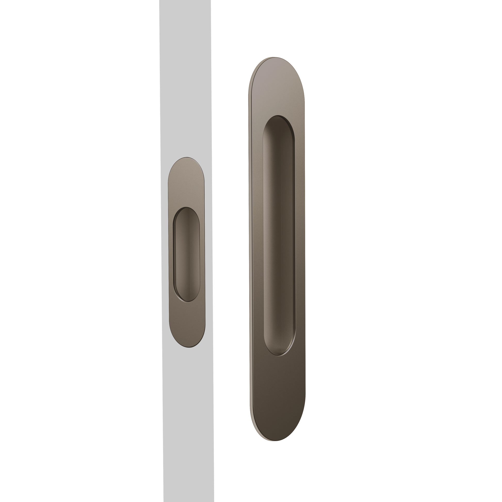 Mardeco Radius Flush Pull Set inc End Pull. Flush Pull H203mm x W45mm x D13mm, Face 2mm. End Pull H96mm x W26mm, Face 2mm in Bronze