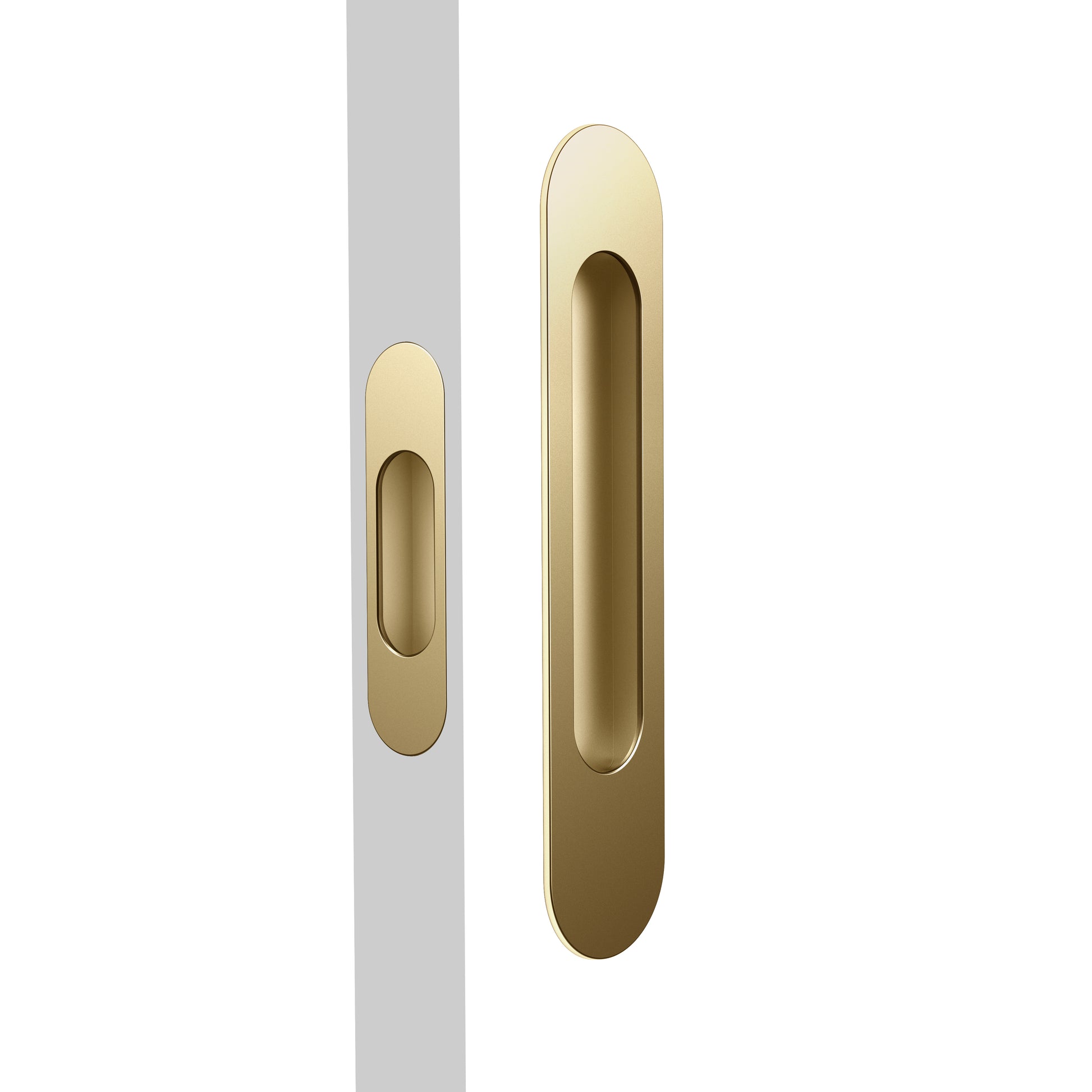 Mardeco Radius Flush Pull Set inc End Pull. Flush Pull H203mm x W45mm x D13mm, Face 2mm. End Pull H96mm x W26mm, Face 2mm in Satin Brass