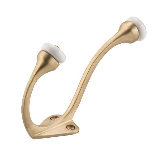 Hat & Coat Hook Porcelain Tip Satin Brass H115xP75mm in Satin Brass