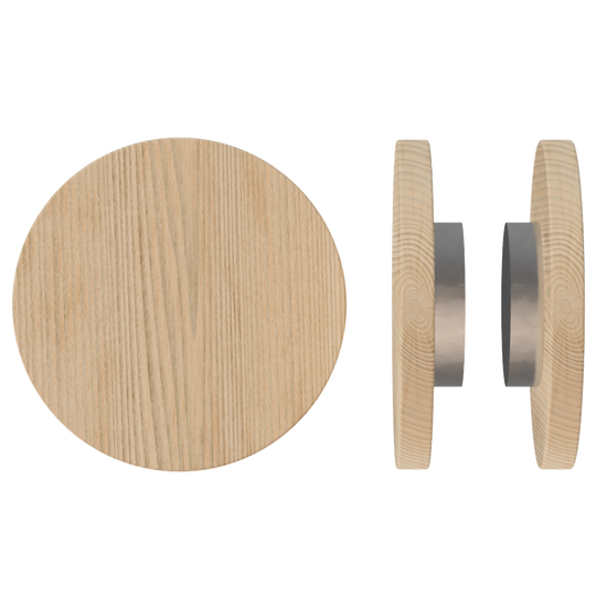 Pair T01 Timber Entrance Pull Handle, Victorian Ash, Back to Back Fixing, Ø300mm x Projection 68mm, in Raw Timber (ready to stain or paint) in Victorian Ash / Satin Nickel