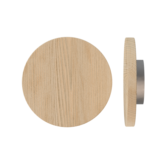 Single T01 Timber Entrance Pull Handle, Tasmanian Oak, Ø300mm x Projection 68mm, in Raw Timber (ready to stain or paint) in Tasmanian Oak / Satin Nickel