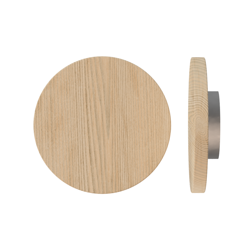 Single T01 Timber Entrance Pull Handle, Tasmanian Oak, Ø300mm x Projection 68mm, in Raw Timber (ready to stain or paint) in Tasmanian Oak / Satin Nickel