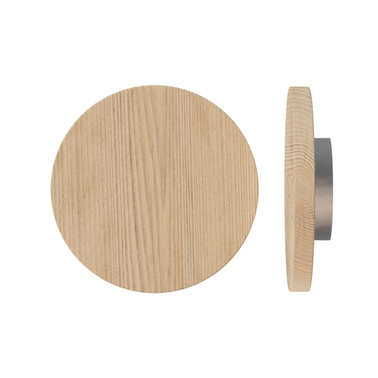 Single T01 Timber Entrance Pull Handle, Tasmanian Oak, Ø300mm x Projection 68mm, in Raw Timber (ready to stain or paint) in Tasmanian Oak / Satin Nickel