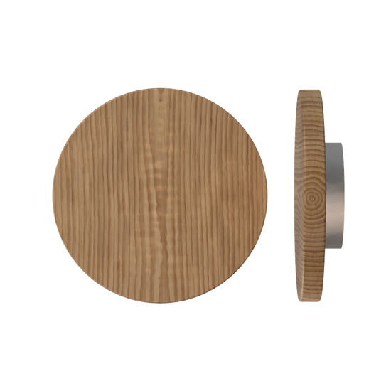 Single T01 Timber Entrance Pull Handle, American Walnut, Ø300mm x Projection 68mm, in Raw Timber (ready to stain or paint) in Walnut / Satin Nickel