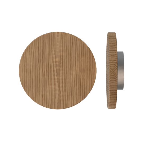 Single T01 Timber Entrance Pull Handle, American Walnut, Ø300mm x Projection 68mm, in Raw Timber (ready to stain or paint) in Walnut / Satin Nickel