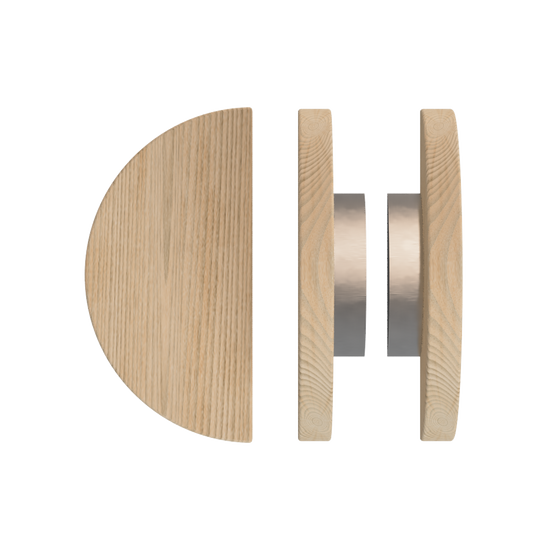 Pair T02 Timber Entrance Pull Handle, Tasmanian Oak, Back to Back Pair, Ø300mm, in Raw Timber (ready to stain or paint) in Tasmanian Oak / Satin Nickel