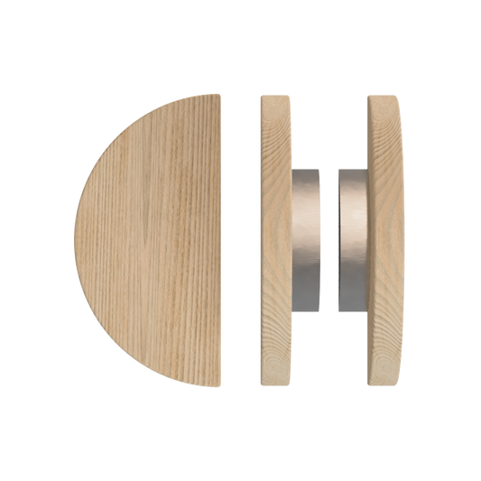 Pair T02 Timber Entrance Pull Handle, Tasmanian Oak, Back to Back Pair, Ø300mm, in Raw Timber (ready to stain or paint) in Tasmanian Oak / Satin Nickel