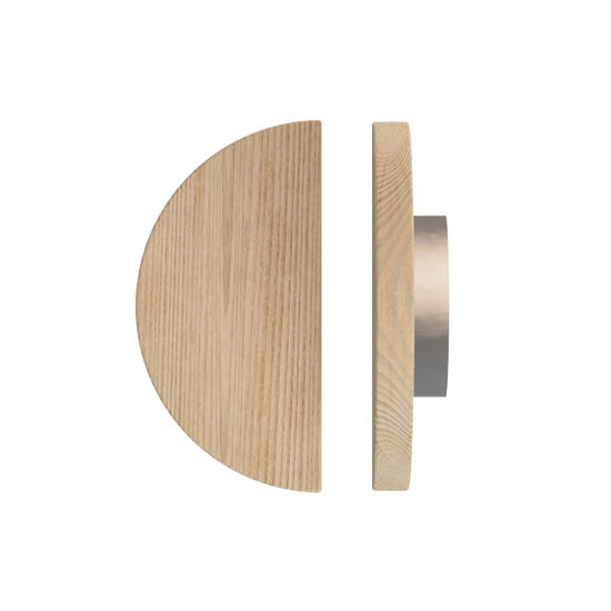 Single T02 Timber Entrance Pull Handle, Tasmanian Oak, Ø300mm, in Raw Timber (ready to stain or paint) in Tasmanian Oak / Satin Nickel