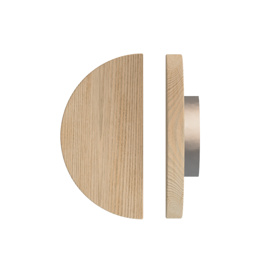 Single T02 Timber Entrance Pull Handle, Tasmanian Oak, Ø300mm, in Raw Timber (ready to stain or paint) in Tasmanian Oak / Satin Nickel