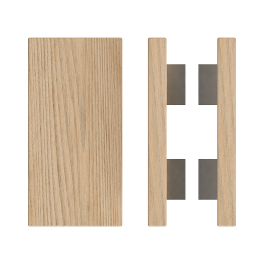 Pair T04 Timber Entrance Pull Handle, Tasmanian Oak, Back to Back Pair, 300mm x 150mm x Projection 68mm, in Raw Timber (ready to stain or paint) in Tasmanian Oak / Satin Nickel