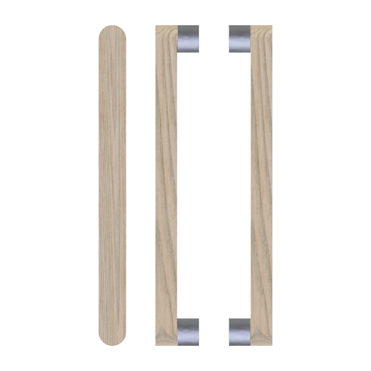 Pair T05 Timber Entrance Pull Handle, Tasmanian Oak, Back to Back Pair, CTC800mm, H832mm x W32mm x D19mm x Projection 57mm, in Raw Timber (ready to stain or paint) in Tasmanian Oak / Satin Nickel