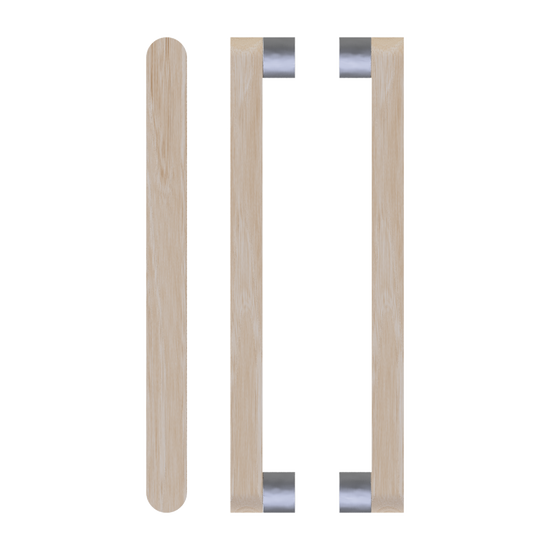 Pair T05 Timber Entrance Pull Handle, Victorian Ash, Back to Back Pair, CTC800mm, H832mm x W32mm x D19mm x Projection 57mm, in Raw Timber (ready to stain or paint) in Victorian Ash / Polished Nickel