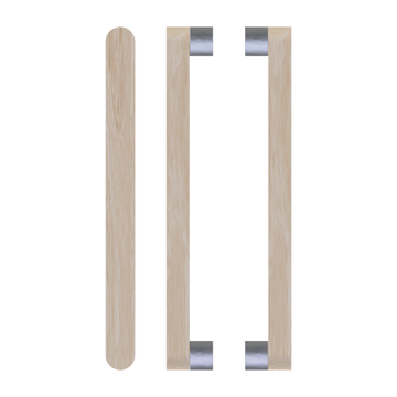 Pair T05 Timber Entrance Pull Handle, Victorian Ash, Back to Back Pair, CTC800mm, H832mm x W32mm x D19mm x Projection 57mm, in Raw Timber (ready to stain or paint) in Victorian Ash / Satin Nickel