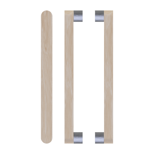 Pair T05 Timber Entrance Pull Handle, Victorian Ash, Back to Back Pair, CTC800mm, H832mm x W32mm x D19mm x Projection 57mm, in Raw Timber (ready to stain or paint) in Victorian Ash / Satin Nickel