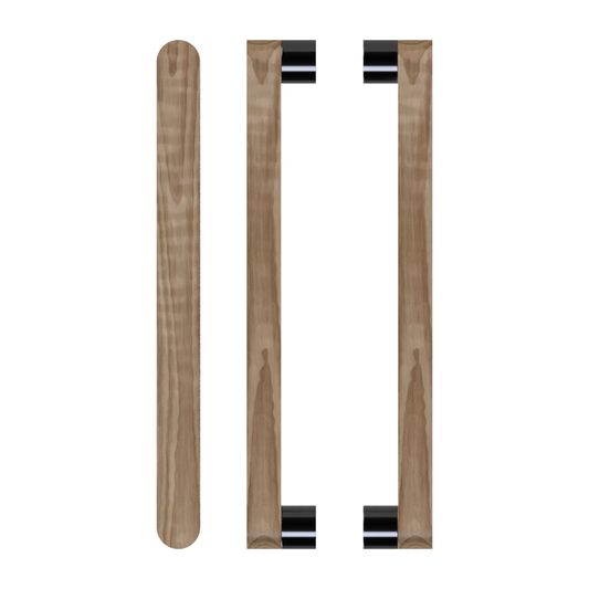 Pair T05 Timber Entrance Pull Handle, American Walnut, Back to Back Pair, CTC800mm, H832mm x W32mm x D19mm x Projection 57mm, in Raw Timber (ready to stain or paint) in Walnut / Black