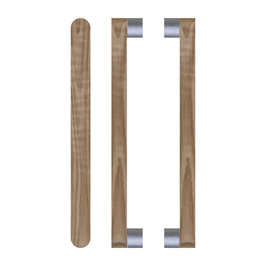 Pair T05 Timber Entrance Pull Handle, American Walnut, Back to Back Pair, CTC800mm, H832mm x W32mm x D19mm x Projection 57mm, in Raw Timber (ready to stain or paint) in Walnut / Satin Nickel