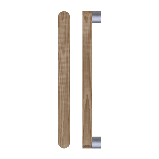 Single T05 Timber Entrance Pull Handle, American Walnut, CTC800mm, H832mm x W32mm x D19mm x Projection 57mm, in Raw Timber (ready to stain or paint) in Walnut / Polished Nickel