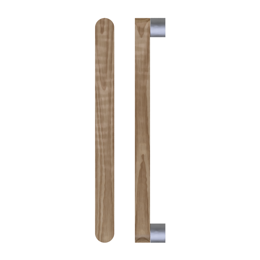 Single T05 Timber Entrance Pull Handle, American Walnut, CTC800mm, H832mm x W32mm x D19mm x Projection 57mm, in Raw Timber (ready to stain or paint) in Walnut / Polished Nickel