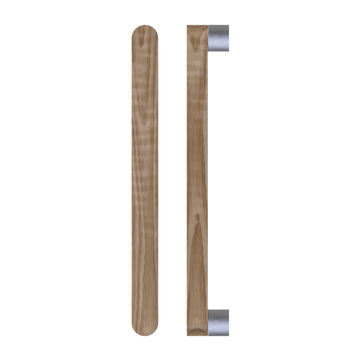 Single T05 Timber Entrance Pull Handle, American Walnut, CTC800mm, H832mm x W32mm x D19mm x Projection 57mm, in Raw Timber (ready to stain or paint) in Walnut / Satin Nickel