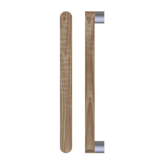 Single T05 Timber Entrance Pull Handle, American Walnut, CTC800mm, H832mm x W32mm x D19mm x Projection 57mm, in Raw Timber (ready to stain or paint) in Walnut / Satin Nickel