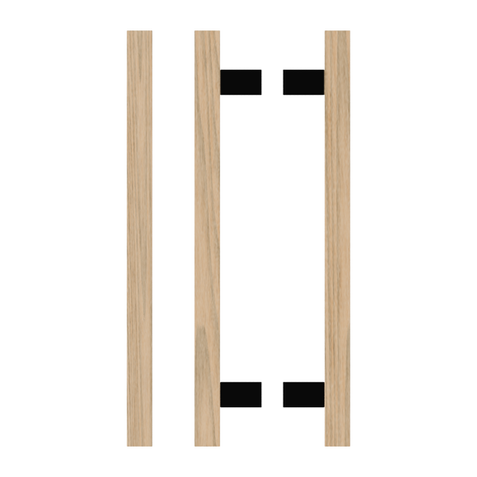 Pair T06-25 Timber Entrance Pull Handle, Tasmanian Oak, Back to Back Pair, CTC600mm, H800mm x 25mm x 25mm x Projection 70mm, in Raw Timber (ready to stain or paint) in Tasmanian Oak / Black