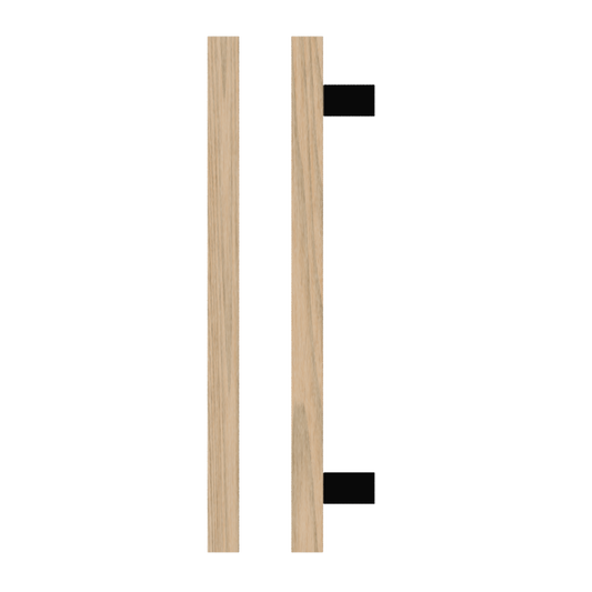 Single T06-25 Timber Entrance Pull Handle, Tasmanian Oak, CTC600mm, H800mm x 25mm x 25mm x Projection 70mm, in Raw Timber (ready to stain or paint) in Tasmanian Oak / Black