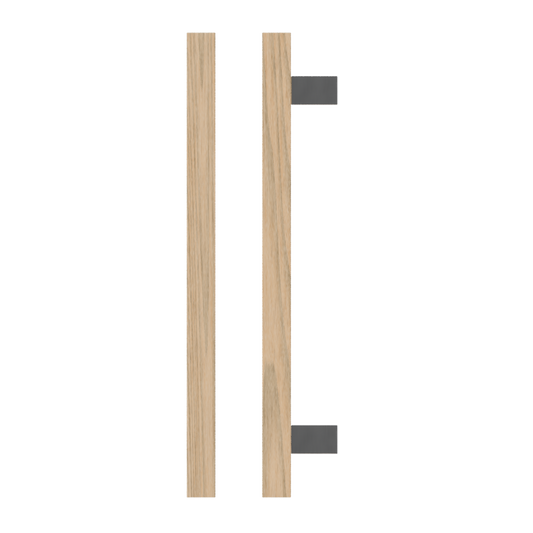 Single T06-25 Timber Entrance Pull Handle, Tasmanian Oak, CTC600mm, H800mm x 25mm x 25mm x Projection 70mm, in Raw Timber (ready to stain or paint) in Tasmanian Oak / Polished Nickel