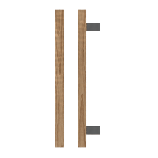 Single T06-25 Timber Entrance Pull Handle, American Walnut, CTC600mm, H800mm x 25mm x 25mm x Projection 70mm, in Raw Timber (ready to stain or paint) in Walnut / Polished Nickel