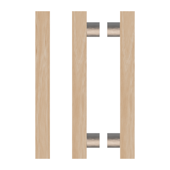 Pair T07 Timber Entrance Pull Handle, Victorian Ash, Back to Back Pair, CTC800mm, H1000mm x 40mm x 40mm x Projection 85mm, in Raw Timber (ready to stain or paint) in Victorian Ash / Polished Nickel