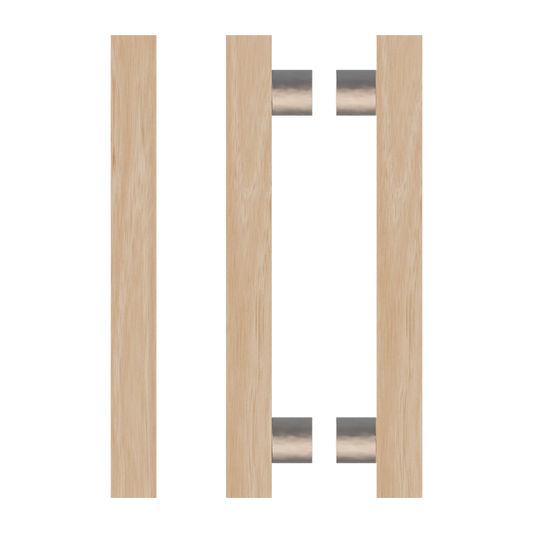 Pair T07 Timber Entrance Pull Handle, Victorian Ash, Back to Back Pair, CTC800mm, H1000mm x 40mm x 40mm x Projection 85mm, in Raw Timber (ready to stain or paint) in Victorian Ash / Polished Nickel