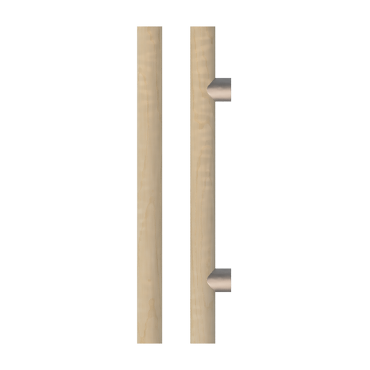 Single T08 Timber Entrance Pull Handle, American Oak, CTC400mm, H600mm x Ø40mm x Projection 85mm, in Raw Timber (ready to stain or paint) in White Oak / Satin Nickel