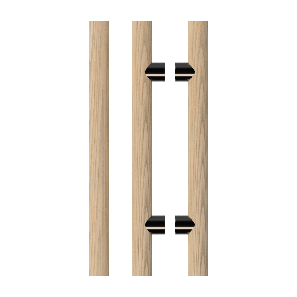 Pair T08 Timber Entrance Pull Handle, American Oak, Back to Back Pair, CTC800mm, H1000mm x Ø40mm x Projection 85mm, in Raw Timber (ready to stain or paint) in White Oak / Black