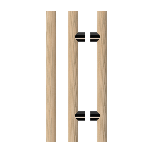 Pair T08 Timber Entrance Pull Handle, American Oak, Back to Back Pair, CTC800mm, H1000mm x Ø40mm x Projection 85mm, in Raw Timber (ready to stain or paint) in White Oak / Black