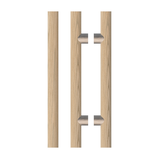 Pair T08 Timber Entrance Pull Handle, American Oak, Back to Back Pair, CTC800mm, H1000mm x Ø40mm x Projection 85mm, in Raw Timber (ready to stain or paint) in White Oak / Polished Nickel