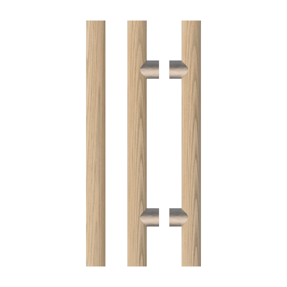 Pair T08 Timber Entrance Pull Handle, American Oak, Back to Back Pair, CTC800mm, H1000mm x Ø40mm x Projection 85mm, in Raw Timber (ready to stain or paint) in White Oak / Polished Nickel