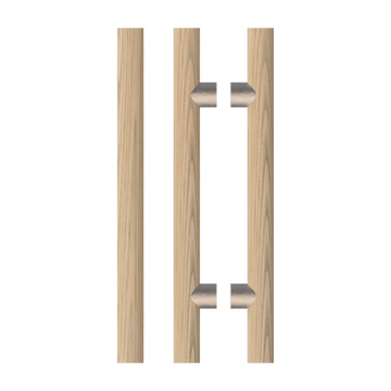 Pair T08 Timber Entrance Pull Handle, American Oak, Back to Back Pair, CTC800mm, H1000mm x Ø40mm x Projection 85mm, in Raw Timber (ready to stain or paint) in White Oak / Satin Nickel