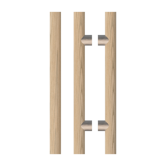 Pair T08 Timber Entrance Pull Handle, American Oak, Back to Back Pair, CTC800mm, H1000mm x Ø40mm x Projection 85mm, in Raw Timber (ready to stain or paint) in White Oak / Satin Nickel