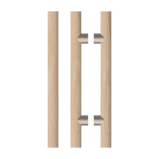 Pair T08 Timber Entrance Pull Handle, Victorian Ash, Back to Back Pair, CTC800mm, H1000mm x Ø40mm x Projection 85mm, in Raw Timber (ready to stain or paint) in Victorian Ash / Polished Nickel