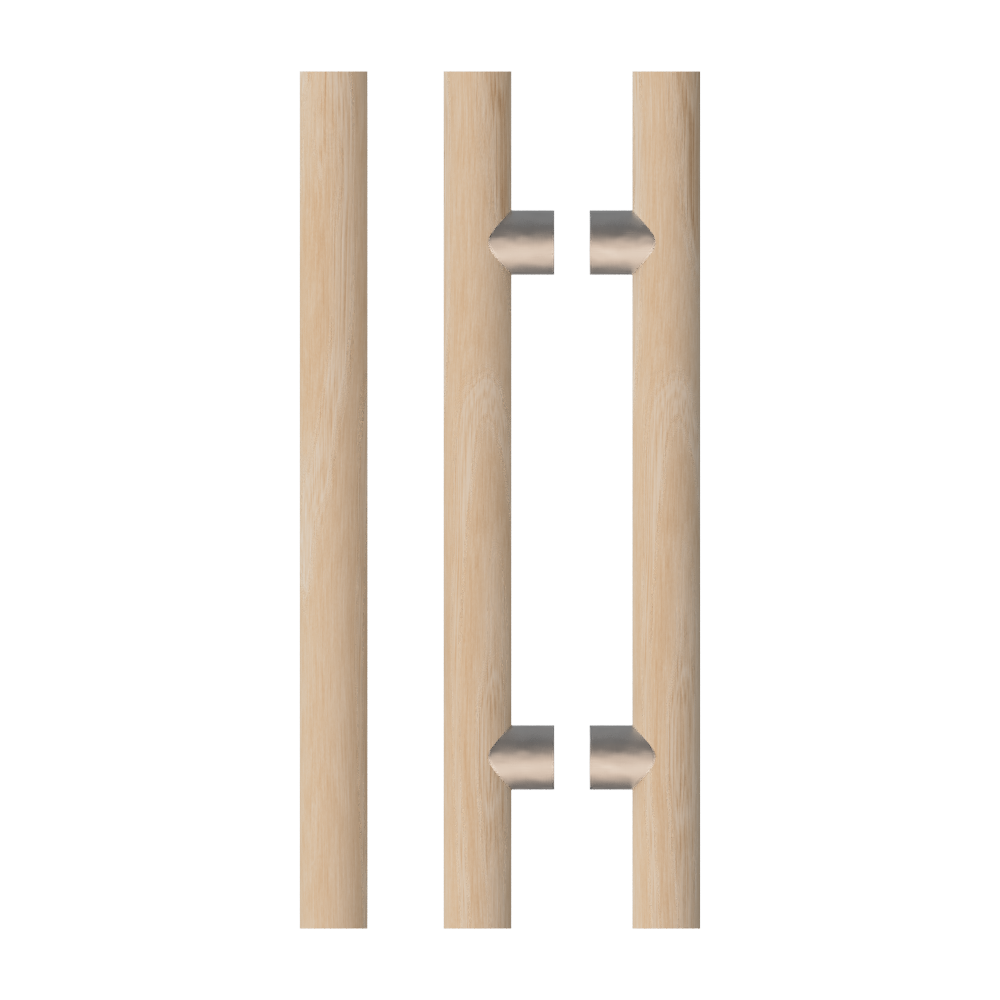 Pair T08 Timber Entrance Pull Handle, Victorian Ash, Back to Back Pair, CTC800mm, H1000mm x Ø40mm x Projection 85mm, in Raw Timber (ready to stain or paint) in Victorian Ash / Polished Nickel