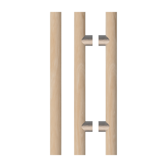 Pair T08 Timber Entrance Pull Handle, Victorian Ash, Back to Back Pair, CTC800mm, H1000mm x Ø40mm x Projection 85mm, in Raw Timber (ready to stain or paint) in Victorian Ash / Satin Nickel