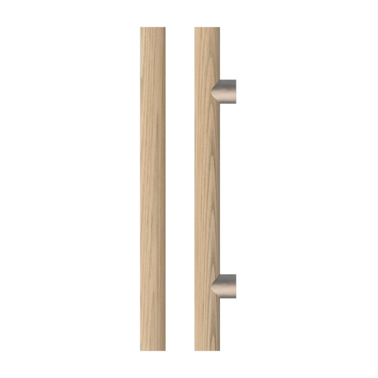 Single T08 Timber Entrance Pull Handle, American Oak, CTC800mm, H1000mm x Ø40mm x Projection 85mm, in Raw Timber (ready to stain or paint) in White Oak / Polished Nickel