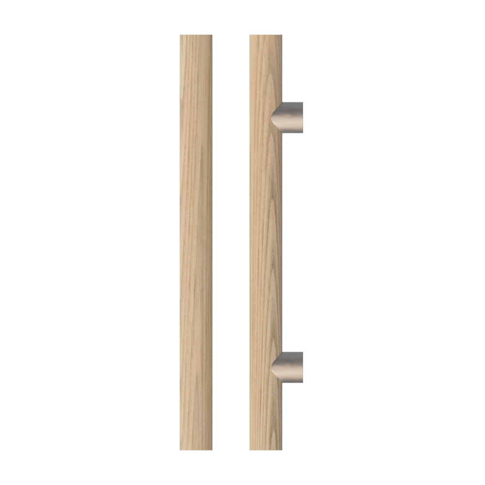 Single T08 Timber Entrance Pull Handle, American Oak, CTC800mm, H1000mm x Ø40mm x Projection 85mm, in Raw Timber (ready to stain or paint) in White Oak / Polished Nickel