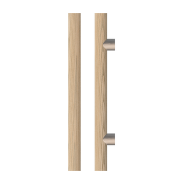 Single T08 Timber Entrance Pull Handle, Tasmanian Oak, CTC800mm, H1000mm x Ø40mm x Projection 85mm, in Raw Timber (ready to stain or paint) in Tasmanian Oak / Satin Nickel