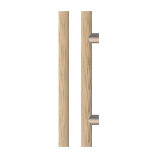 Single T08 Timber Entrance Pull Handle, Tasmanian Oak, CTC800mm, H1000mm x Ø40mm x Projection 85mm, in Raw Timber (ready to stain or paint) in Tasmanian Oak / Satin Nickel