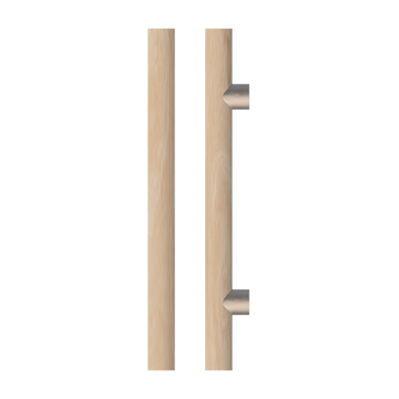 Single T08 Timber Entrance Pull Handle, Victorian Ash, CTC800mm, H1000mm x Ø40mm x Projection 85mm, in Raw Timber (ready to stain or paint) in Victorian Ash / Satin Nickel