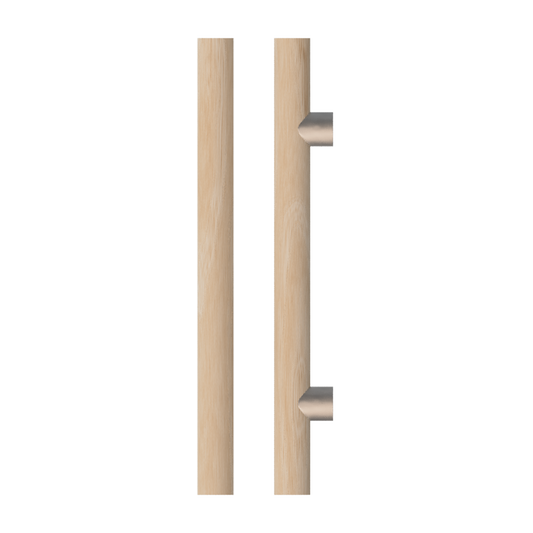 Single T08 Timber Entrance Pull Handle, Victorian Ash, CTC800mm, H1000mm x Ø40mm x Projection 85mm, in Raw Timber (ready to stain or paint) in Victorian Ash / Satin Nickel