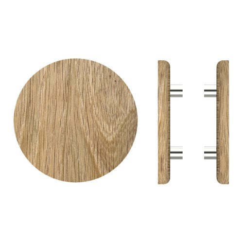 Pair T11 Timber Entrance Pull Handle, American Oak, Back to Back Fixing, Ø300mm x Projection 68mm, in Raw Timber (ready to stain or paint) in White Oak / Polished Nickel