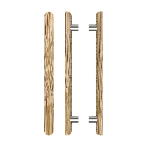 Pair T12 Timber Entrance Pull Handle, American White Oak, Back to Back Pair, CTC800mm, H1000mm x Ø40mm x Projection 85mm, in Raw Timber (ready to stain or paint) in White Oak / Satin Nickel