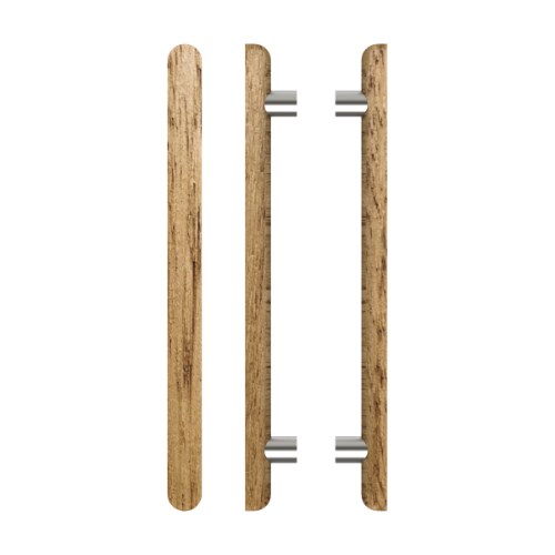 Pair T12 Timber Entrance Pull Handle, Tasmanian Oak, Back to Back Pair, CTC800mm, H1000mm x 40mm x 40mm x Projection 75mm, in Raw Timber (ready to stain or paint) in Tasmanian Oak / Satin Nickel