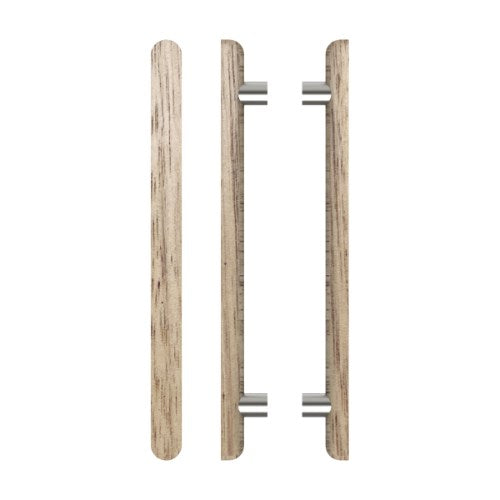 Pair T12 Timber Entrance Pull Handle, Victorian Ash, Back to Back Pair, CTC600mm, H800mm x 40mm x 40mm x Projection 75mm, in Raw Timber (ready to stain or paint) in Victorian Ash / Satin Nickel